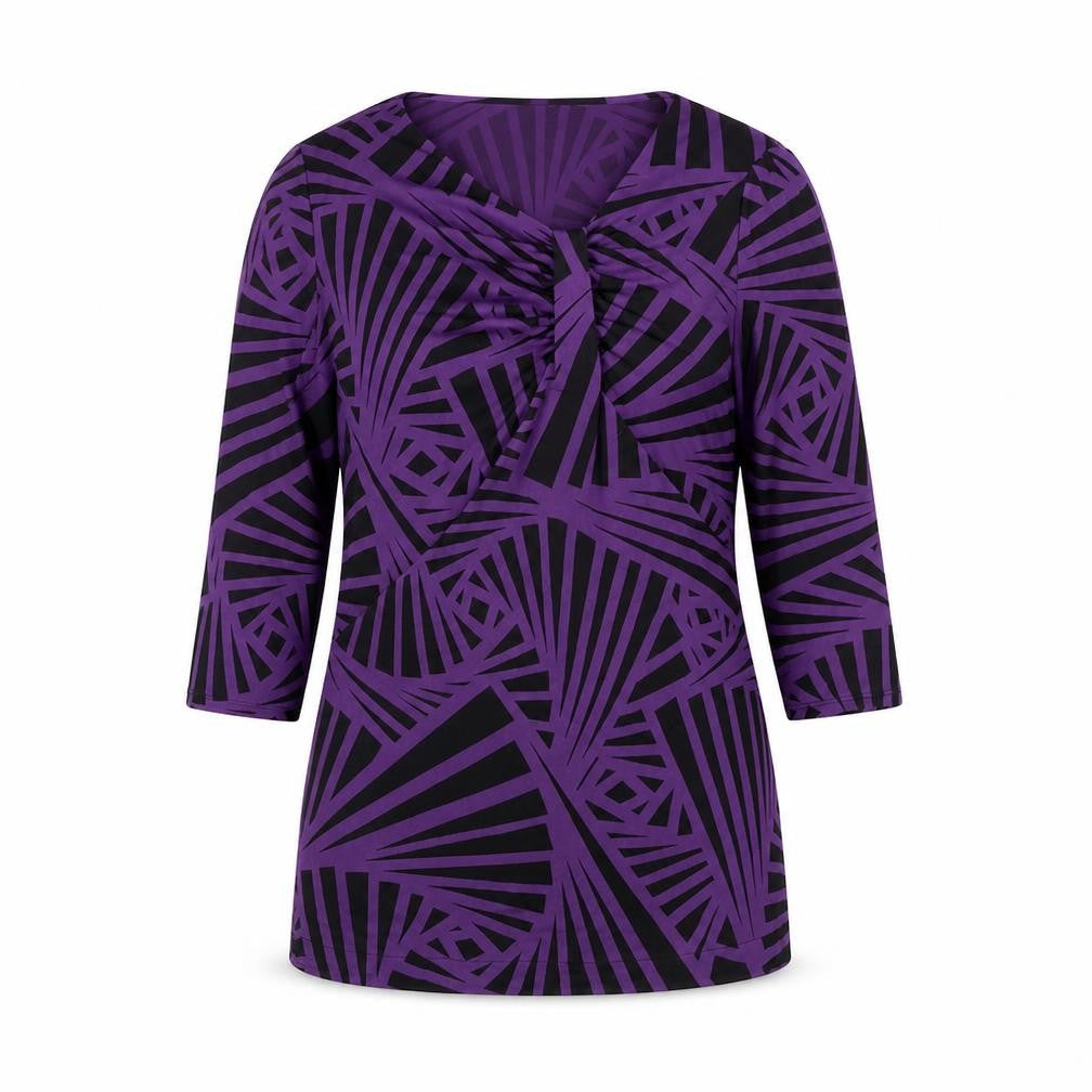 Country Casuals Womens Purple Geometric Polyester Basic Blouse Size L V-Neck - Rouched