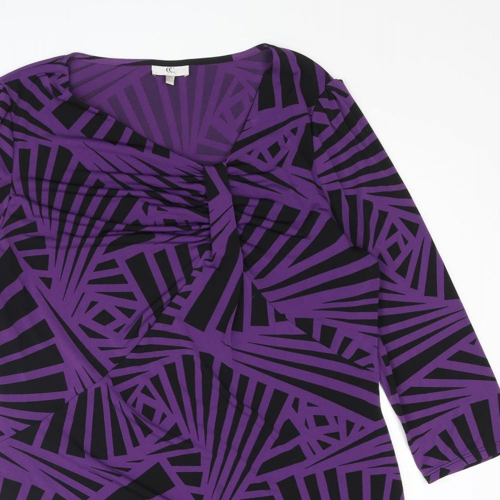 CC Womens Purple Geometric Polyester Basic Blouse Size L V-Neck - Rouched