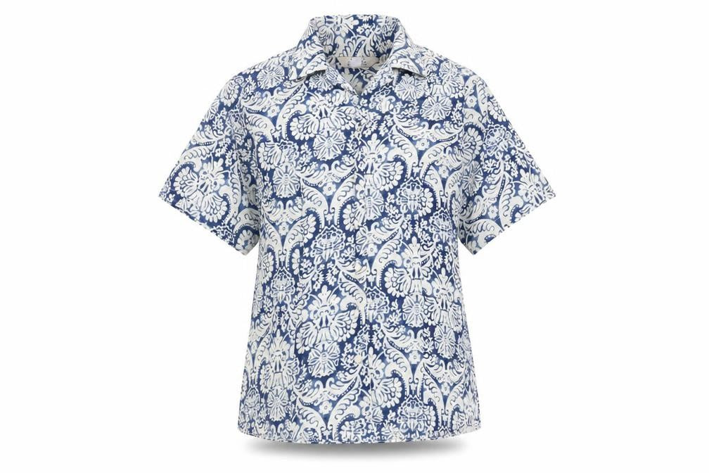 EWM Womens Blue Geometric Polyester Basic Button-Up Size 12 Collared
