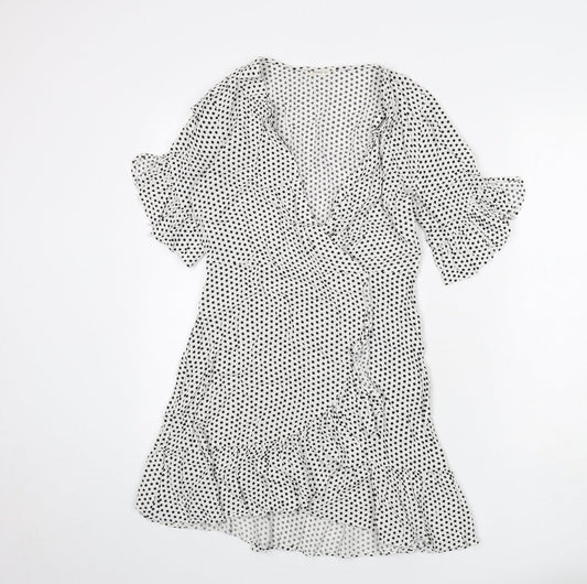 Oysho Womens White Polka Dot Viscose A-Line Size M V-Neck Pullover - Ruffle Detail