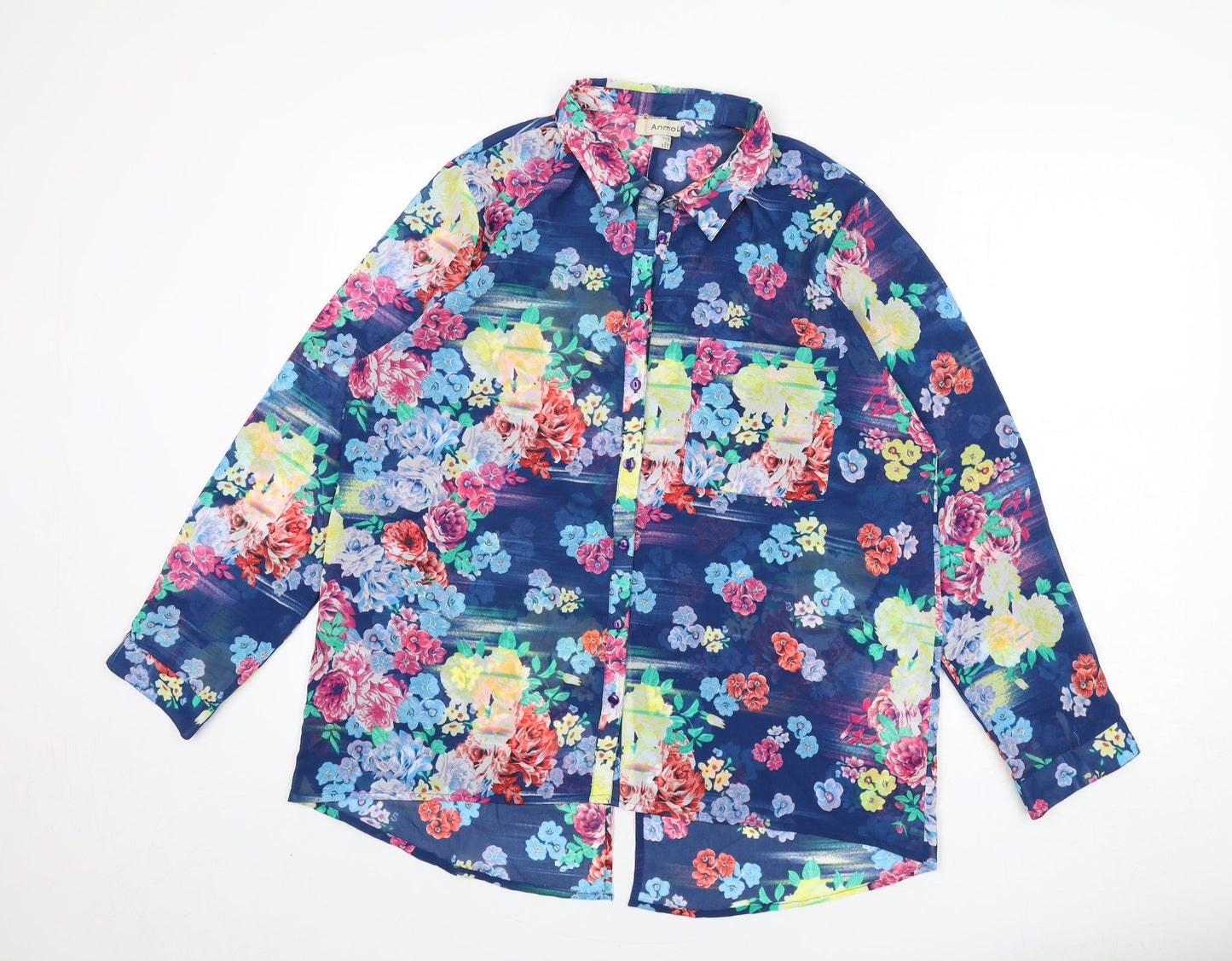 Anmol Womens Blue Floral Polyester Basic Button-Up Size 12 Collared - Back Slit