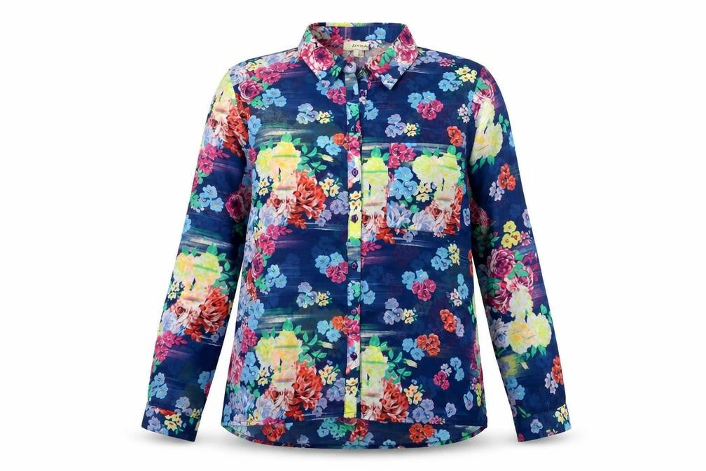 Anmol Womens Blue Floral Polyester Basic Button-Up Size 12 Collared - Back Slit
