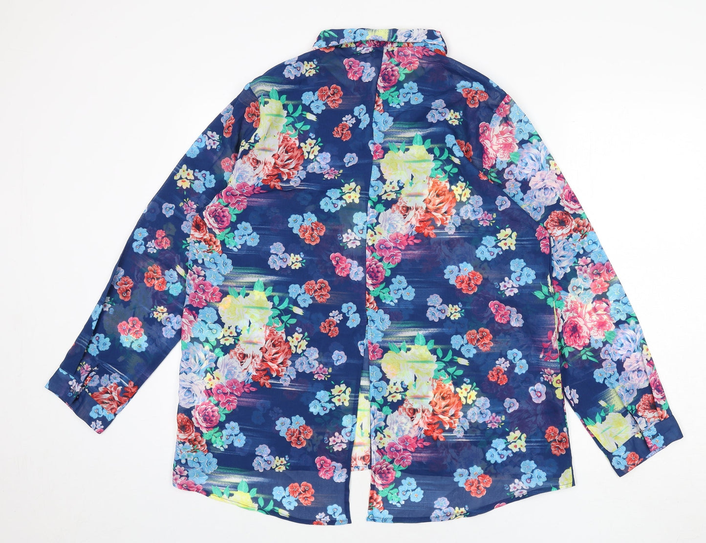 Anmol Womens Blue Floral Polyester Basic Button-Up Size 12 Collared - Back Slit