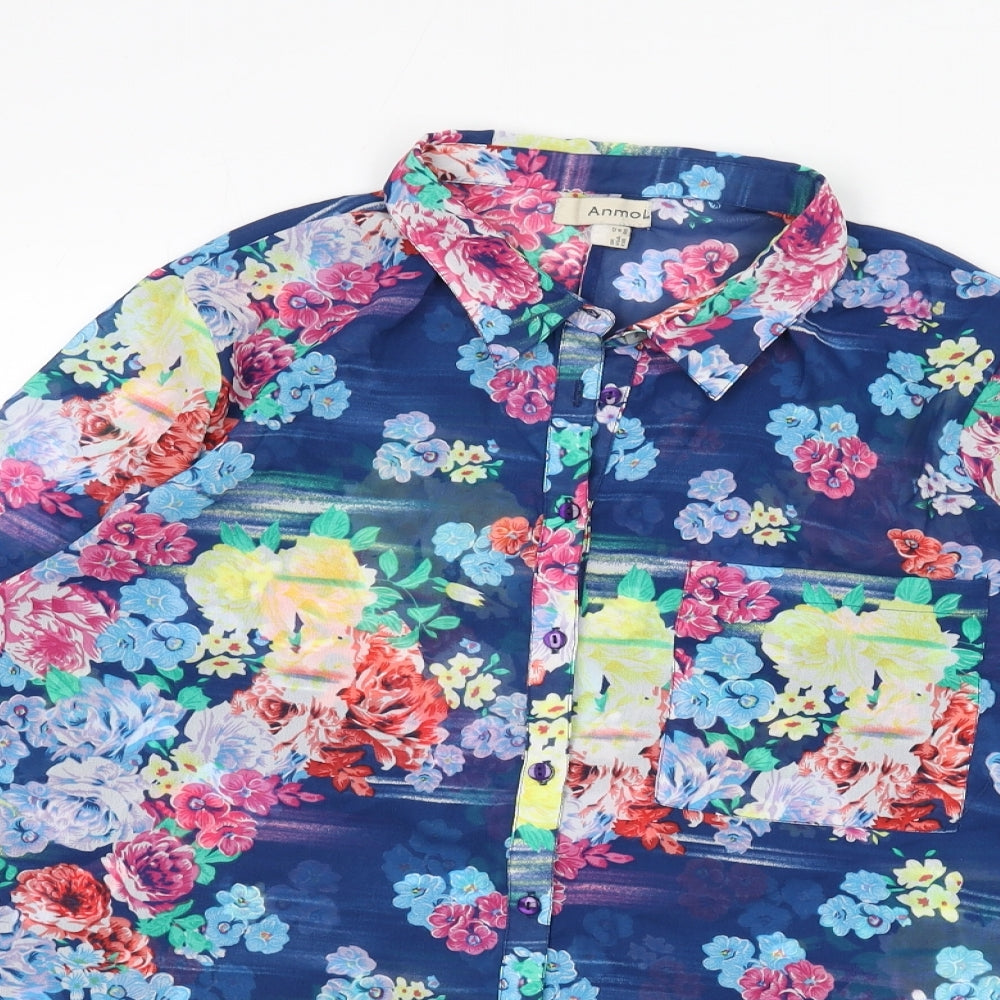 Anmol Womens Blue Floral Polyester Basic Button-Up Size 12 Collared - Back Slit