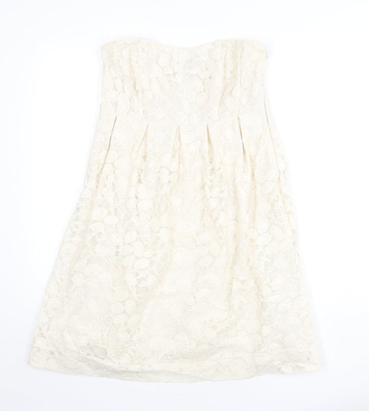 VILA Womens Beige Geometric Cotton A-Line Size M Off the Shoulder Zip - Lace Overlay