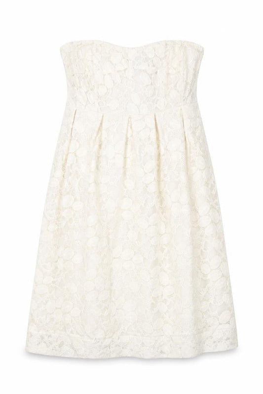 VILA Womens Beige Geometric Cotton A-Line Size M Off the Shoulder Zip - Lace Overlay