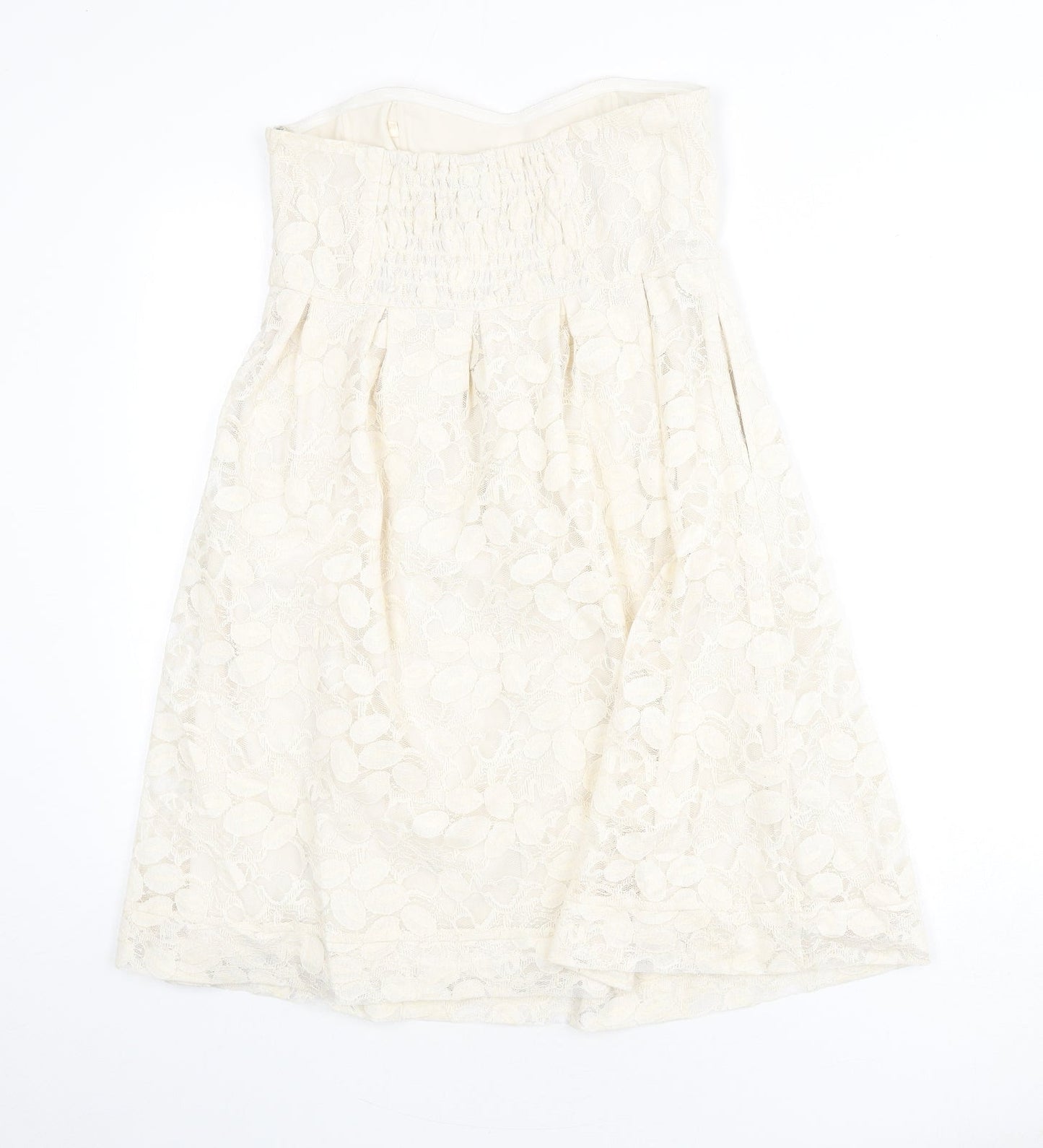 VILA Womens Beige Geometric Cotton A-Line Size M Off the Shoulder Zip - Lace Overlay