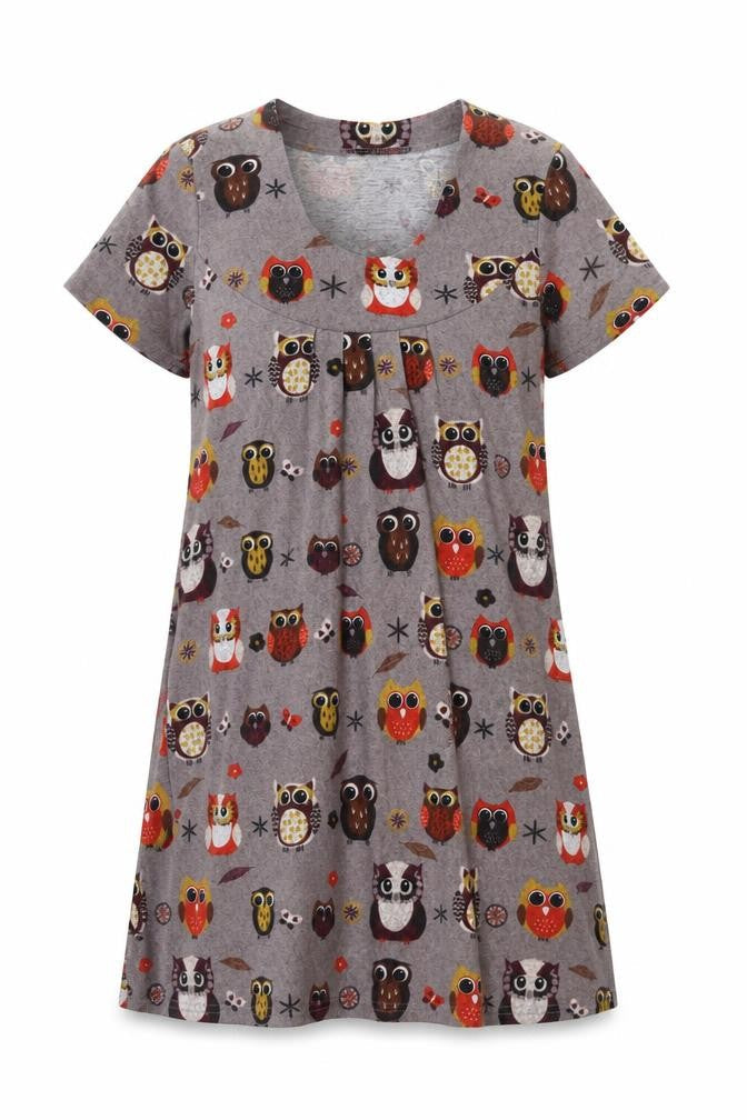 Izabel London Womens Brown Geometric Polyester A-Line Size 8 Scoop Neck Pullover - Owls
