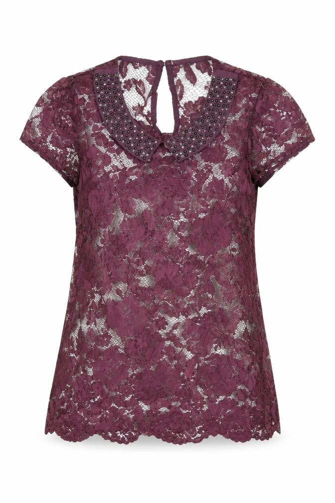 Warehouse Womens Purple Polyester Basic T-Shirt Size 8 Collared - Beaded Detail