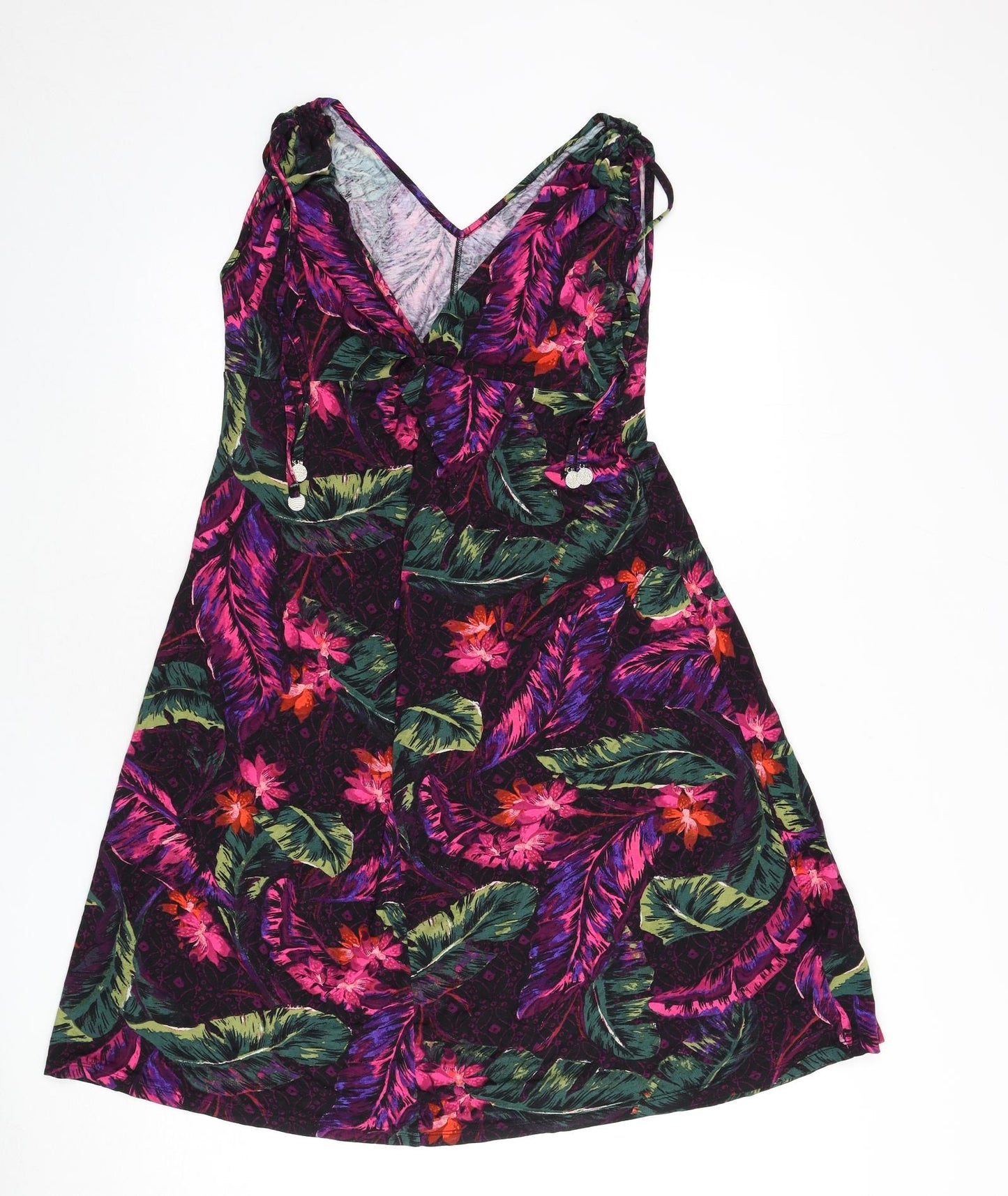 Marks and Spencer Womens Multicoloured Floral Viscose A-Line Size 10 V-Neck Pullover - Leaves