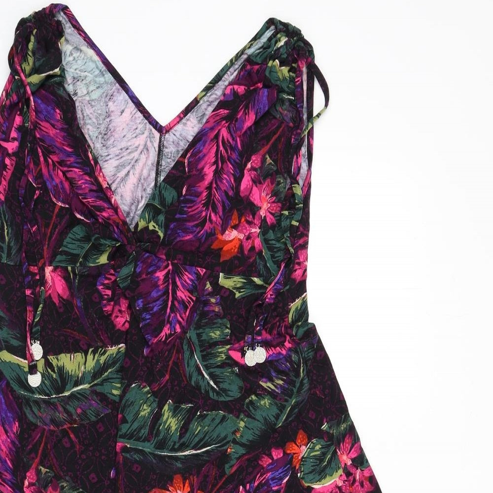 Marks and Spencer Womens Multicoloured Floral Viscose A-Line Size 10 V-Neck Pullover - Leaves