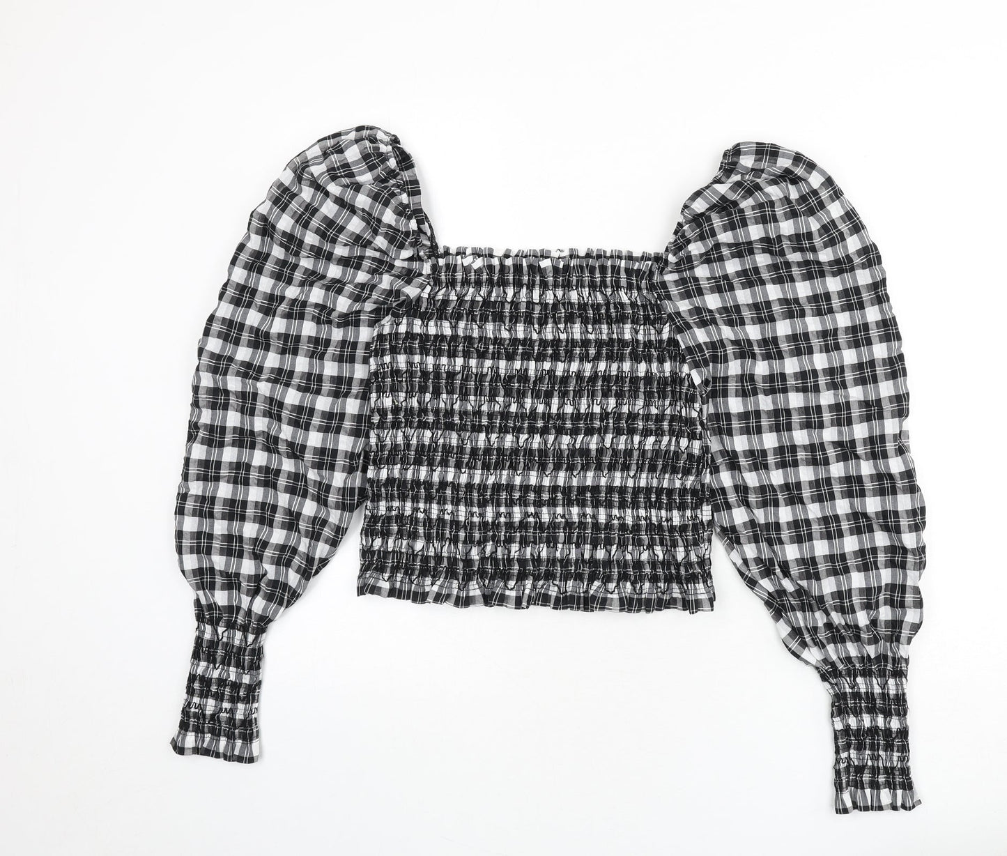 H&M Womens Grey Plaid Cotton Cropped Blouse Size M Square Neck - Shirred