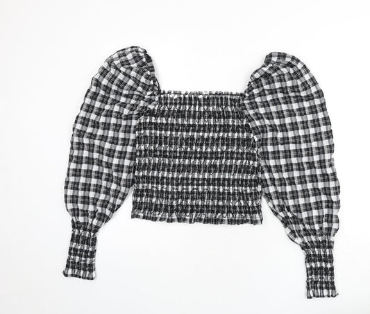 H&M Womens Grey Plaid Cotton Cropped Blouse Size M Square Neck - Shirred