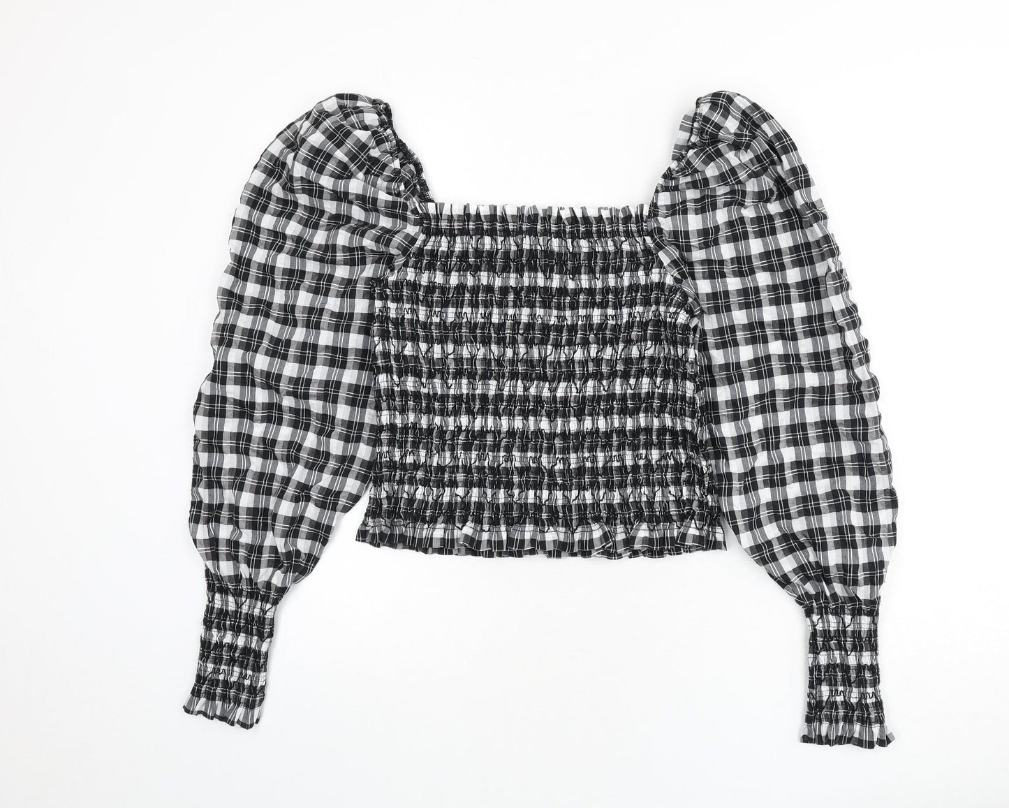 H&M Womens Grey Plaid Cotton Cropped Blouse Size M Square Neck - Shirred
