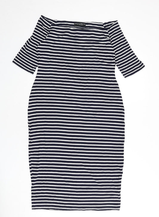 BLU Womens Blue Striped Viscose Bodycon Size 12 Off the Shoulder Pullover