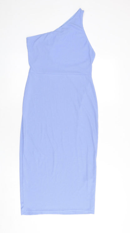 PRETTYLITTLETHING Womens Blue Polyester Bodycon Size 10 One Shoulder Pullover - Cut Out Back Detail, Ribbed