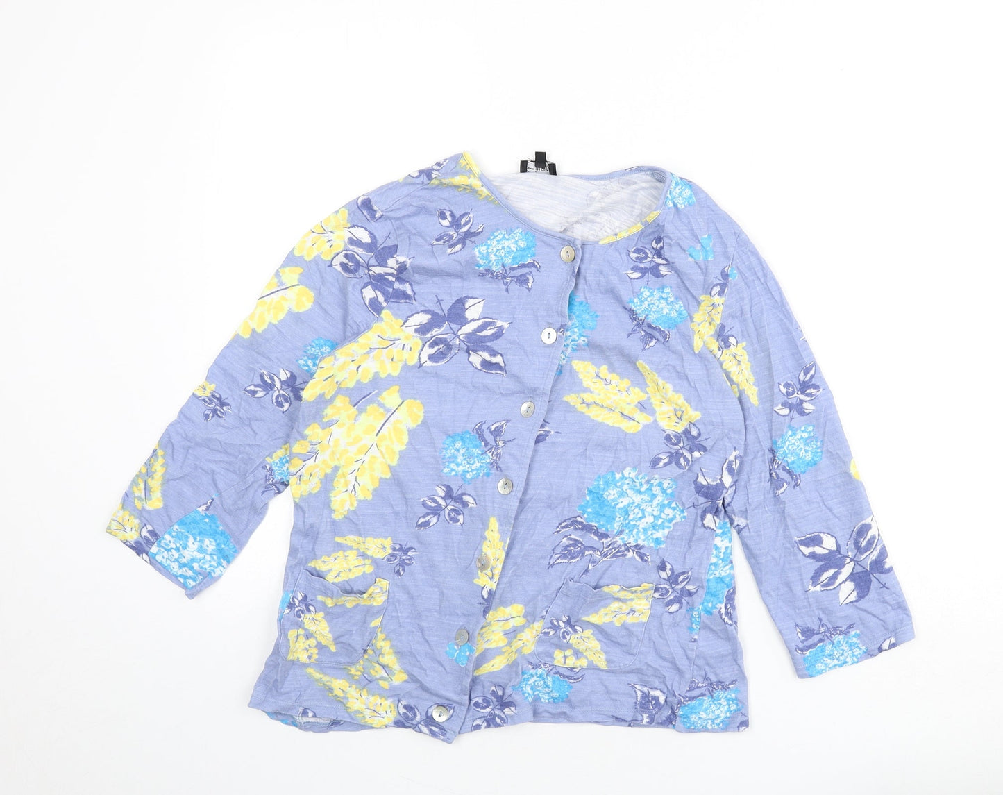 Eureco Womens Blue Floral 100% Cotton Basic Button-Up Size 14 Round Neck
