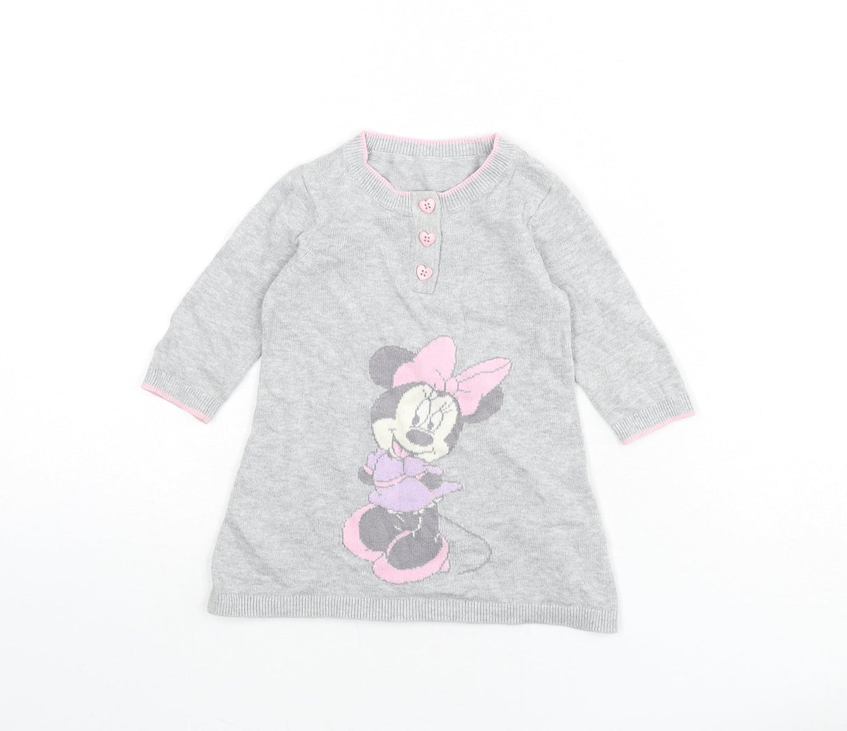 Disney Girls Grey 100% Cotton Jumper Dress Size 3-6 Months Round Neck Button - Minnie Mouse