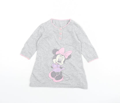 Front view of Disney girls’ grey 100% cotton jumper dress, size 3-6, months round neck button - minnie mouse