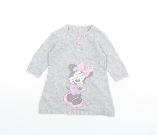 Disney Girls Grey 100% Cotton Jumper Dress Size 3-6 Months Round Neck Button - Minnie Mouse