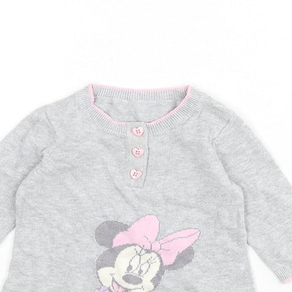 Close-up detail of Disney girls’ grey 100% cotton jumper dress, size 3-6, months round neck button - minnie mouse