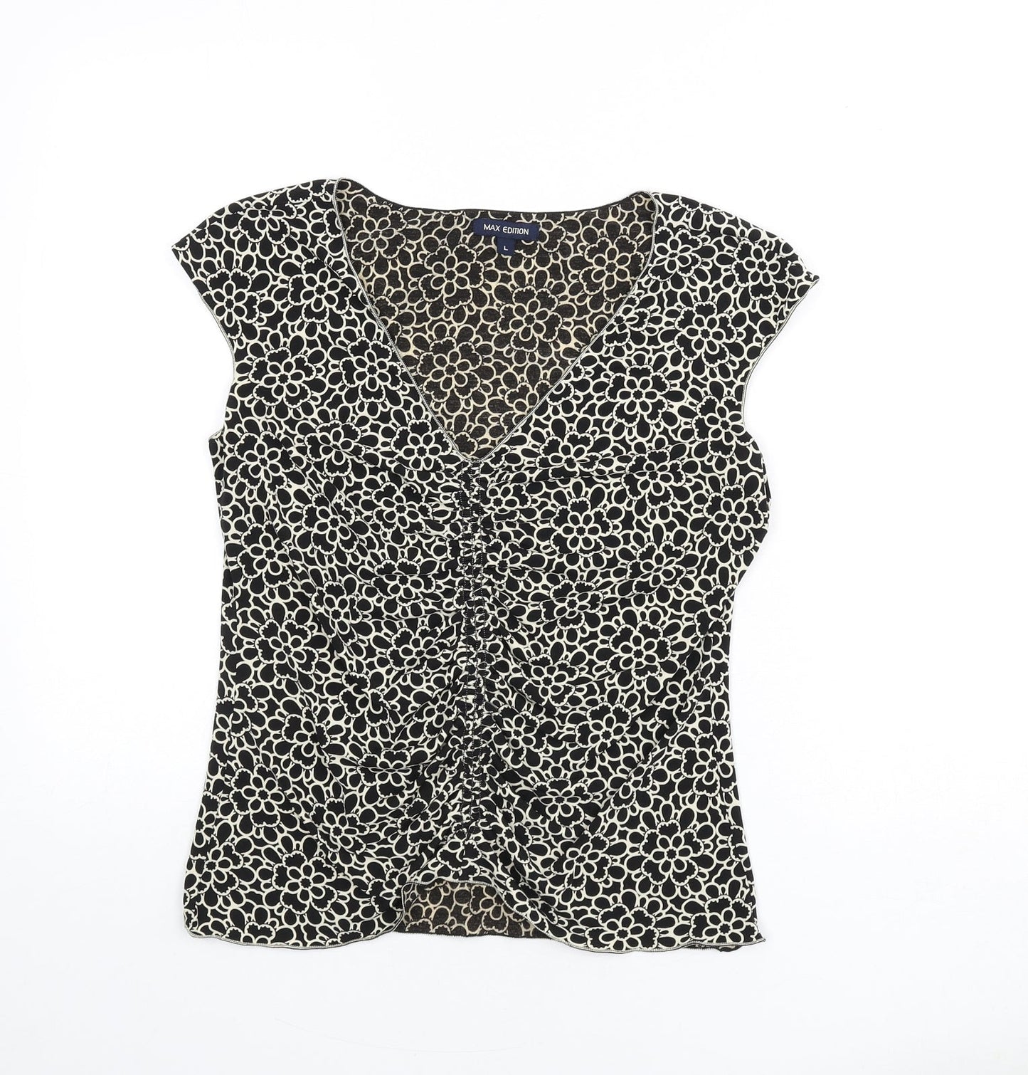 Max Edition Womens Black Floral Polyester Basic T-Shirt Size L V-Neck