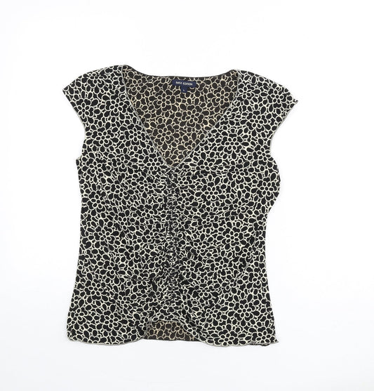 Max Edition Womens Black Floral Polyester Basic T-Shirt Size L V-Neck