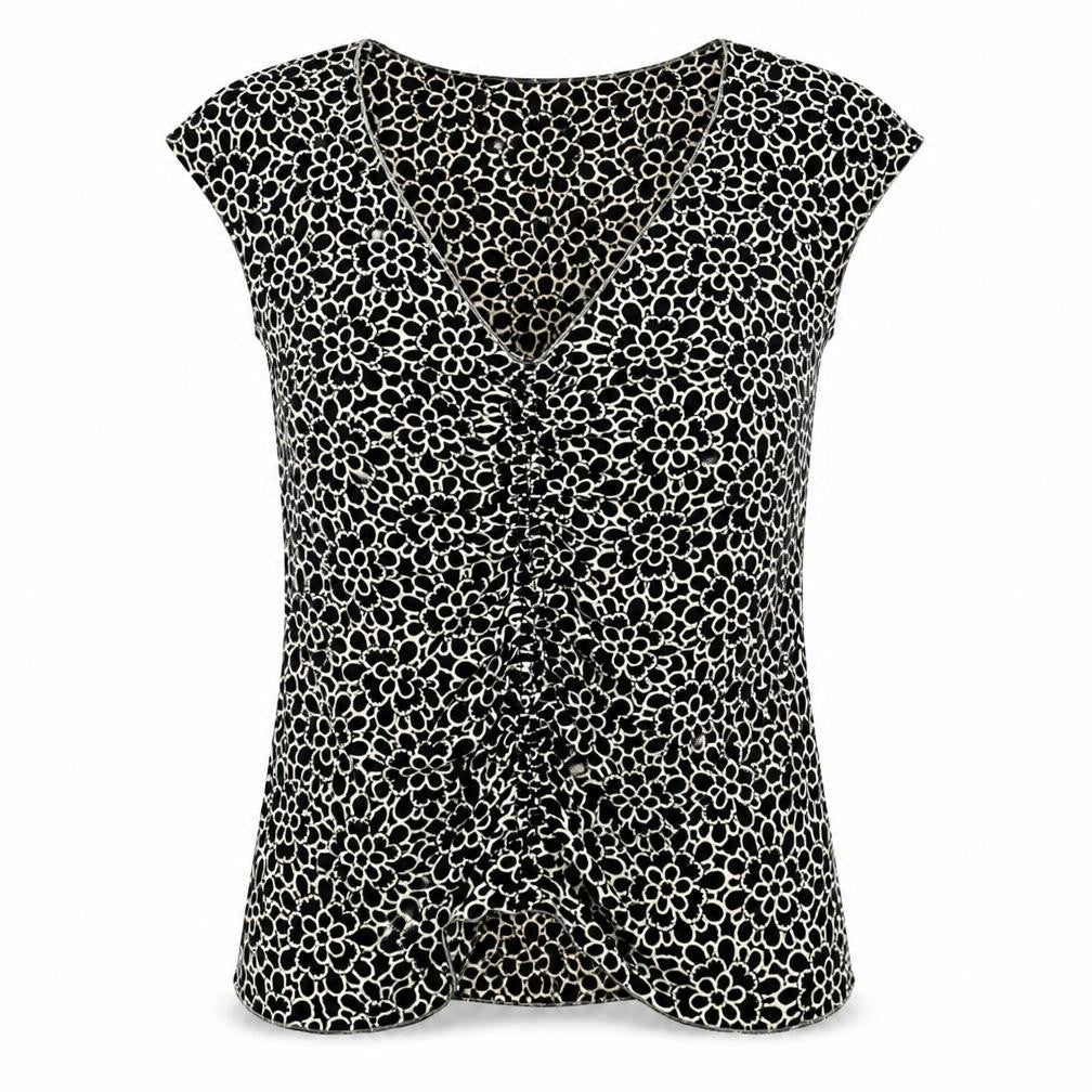 Max Edition Womens Black Floral Polyester Basic T-Shirt Size L V-Neck