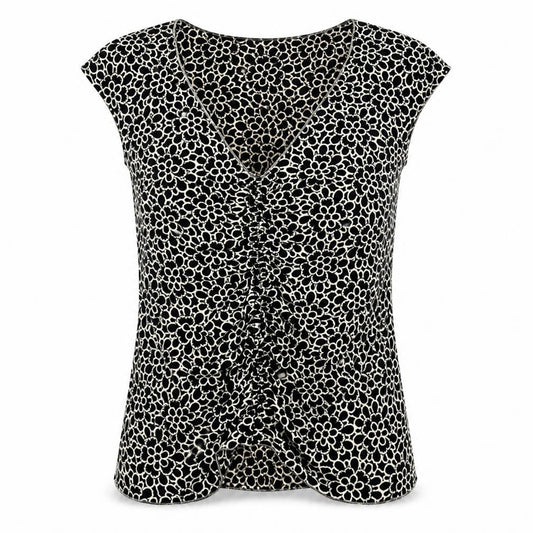 Max Edition Womens Black Floral Polyester Basic T-Shirt Size L V-Neck