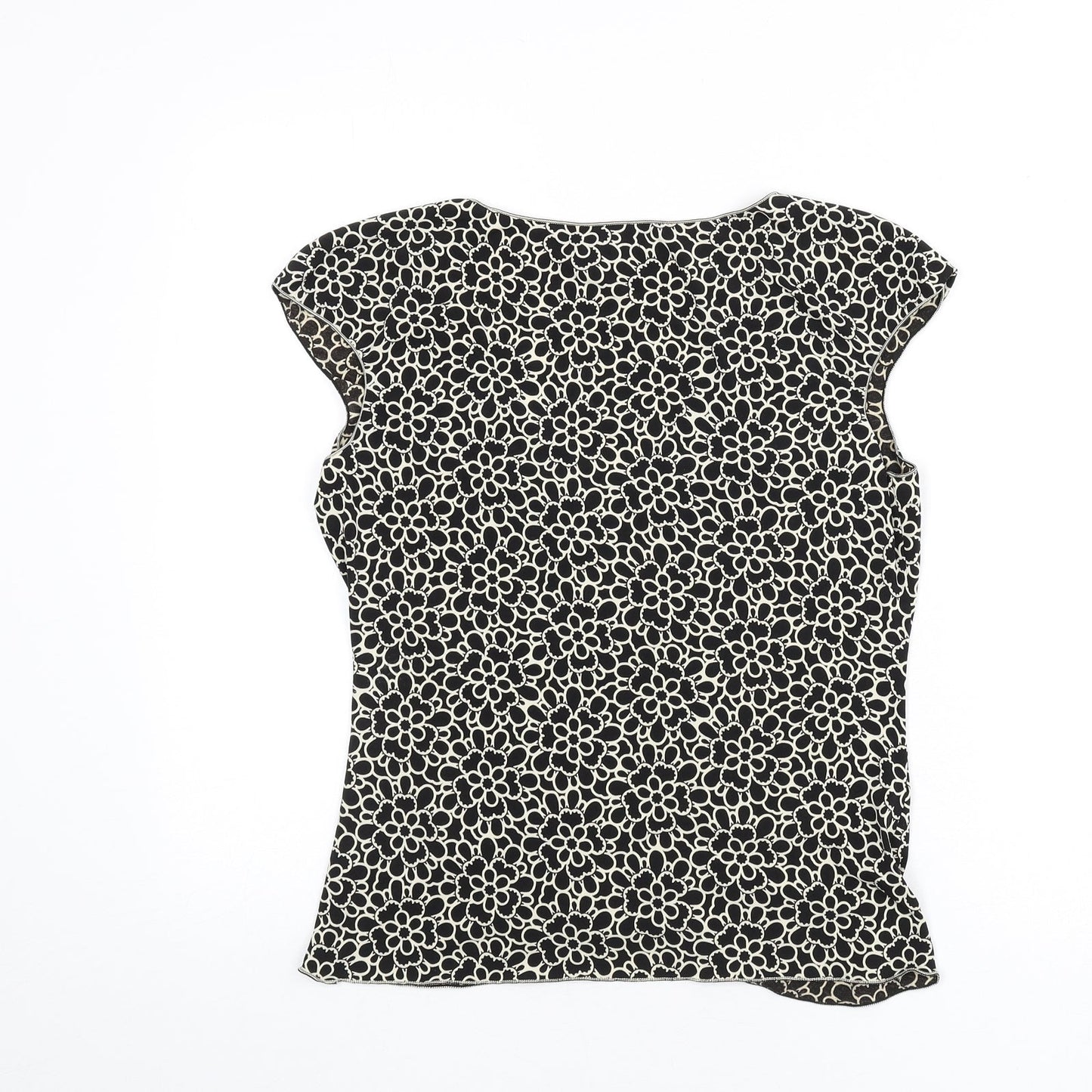 Max Edition Womens Black Floral Polyester Basic T-Shirt Size L V-Neck