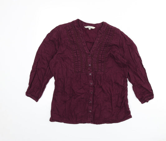 deben Womens Purple 100% Cotton Basic Button-Up Size 10 V-Neck - Tie Detail