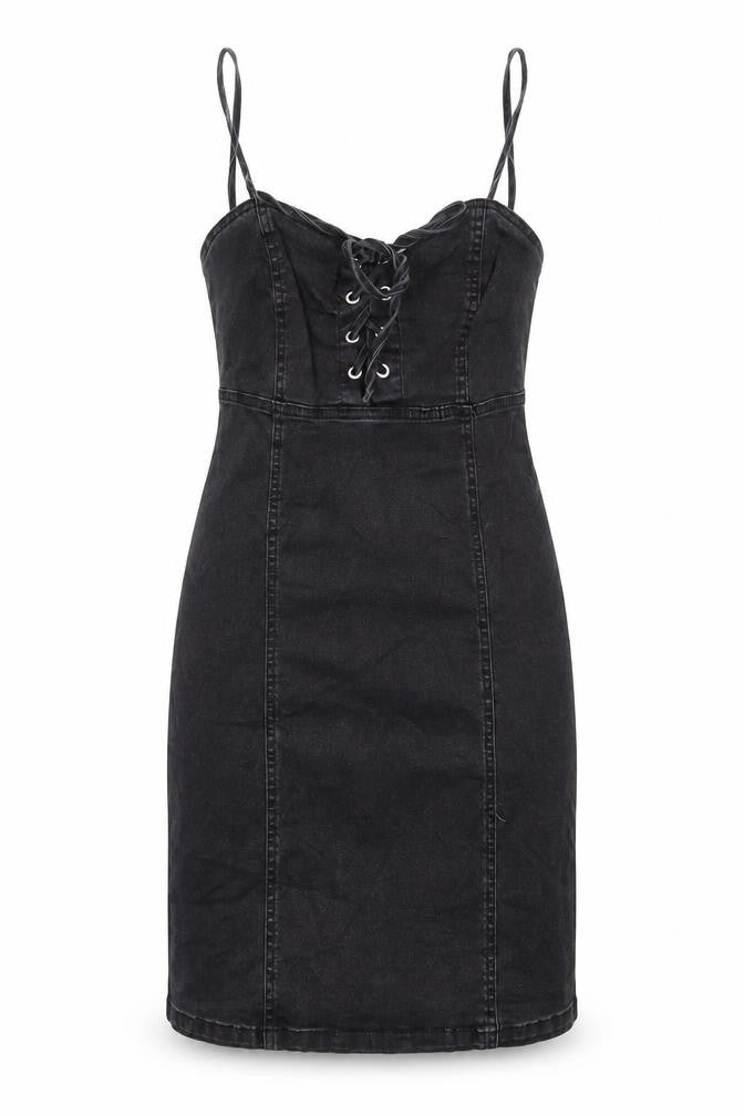Denim & Co. Womens Black Cotton A-Line Size 8 Sweetheart Zip - Tie Front
