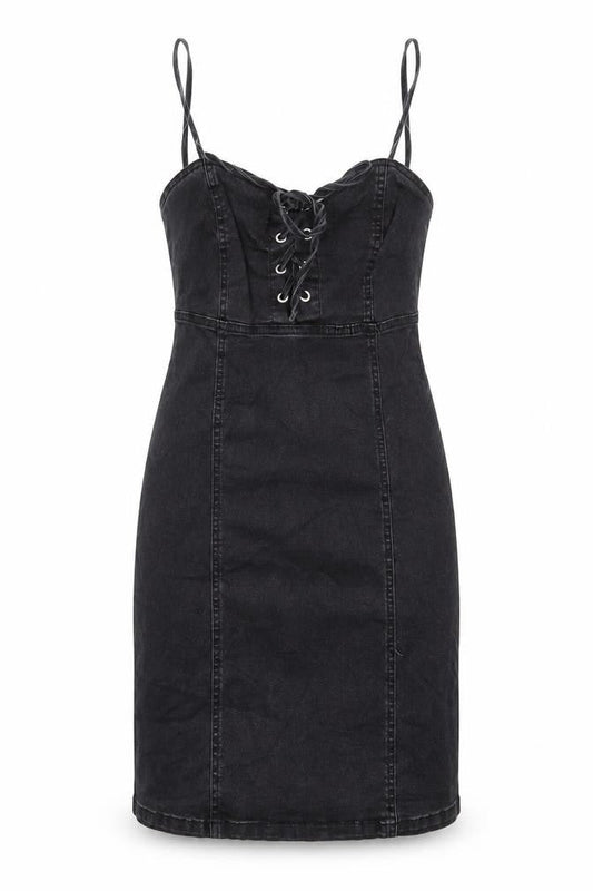 Front view of Denim & Co. women’s black cotton a-line, size UK 8, sweetheart zip - tie front