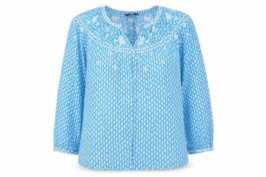 Marks and Spencer Womens Blue Geometric Cotton Basic Button-Up Size 8 V-Neck - Embroided