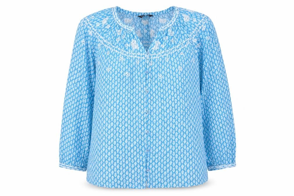 Marks & Spencer Womens Blue Geometric Cotton Basic Button-Up Size 8 V-Neck - Embroided