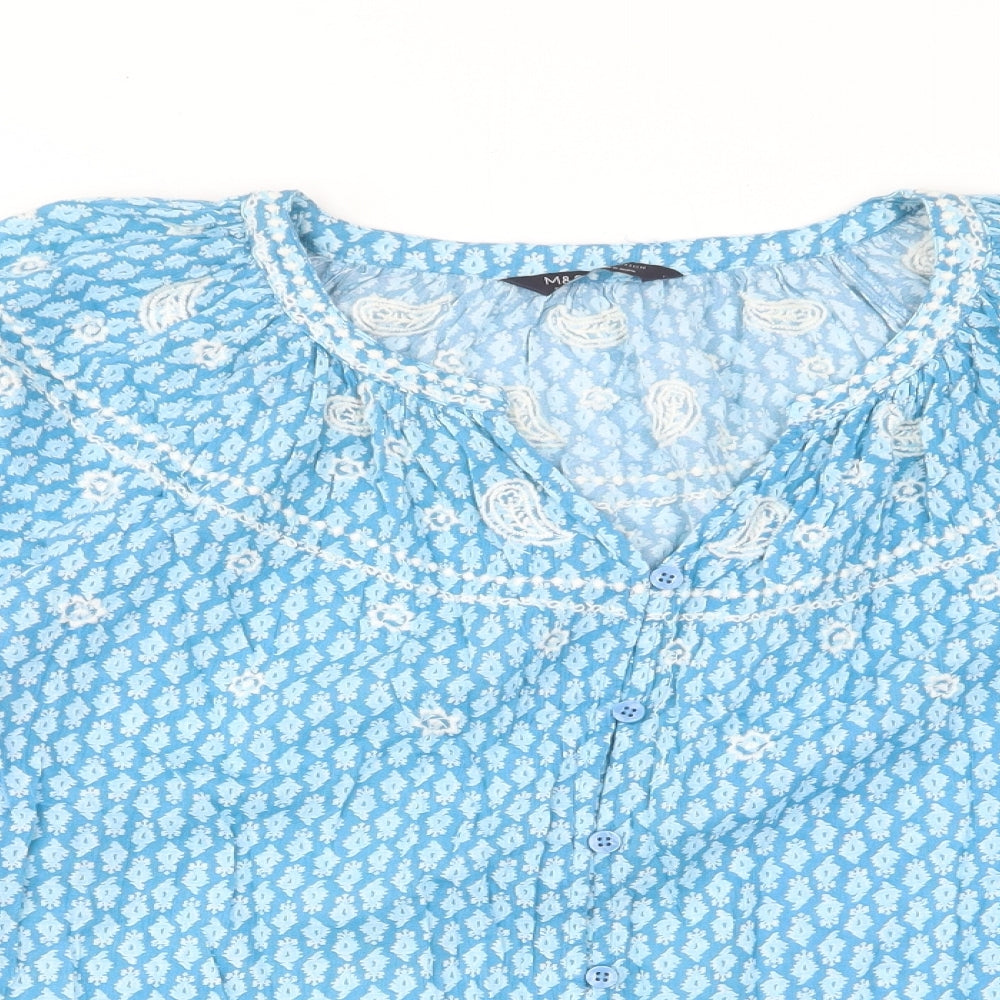 Marks and Spencer Womens Blue Geometric Cotton Basic Button-Up Size 8 V-Neck - Embroided