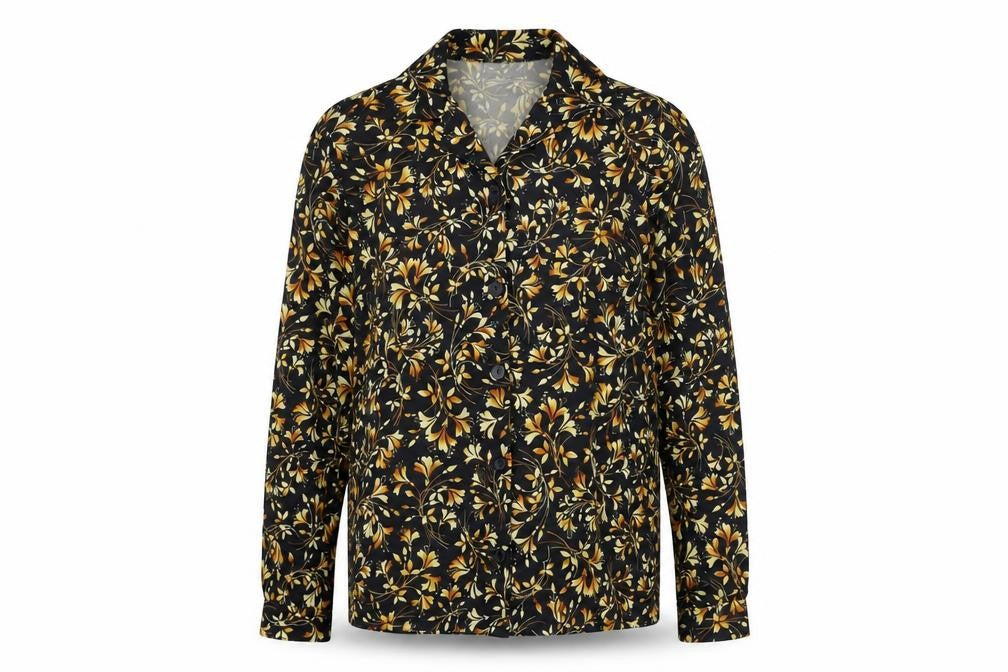 Damart Womens Black Floral Polyester Basic Button-Up Size 14 Collared