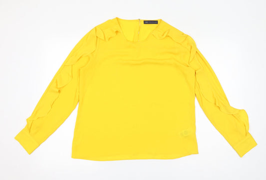 Marks and Spencer Womens Yellow Polyester Basic Blouse Size 12 Round Neck - Ruffles, Sheer