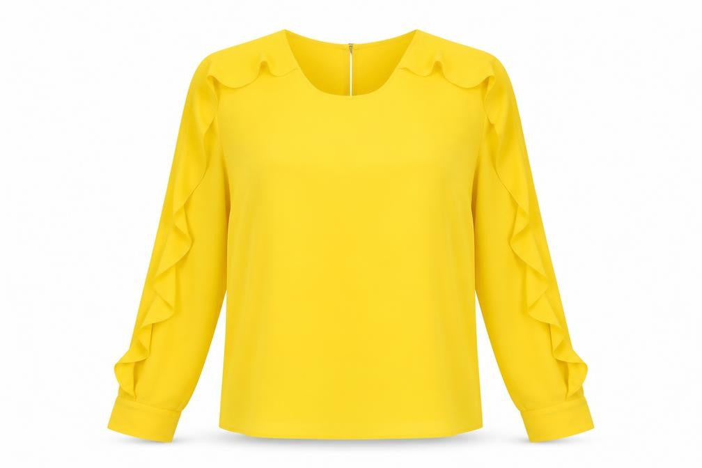 Marks & Spencer Womens Yellow Polyester Basic Blouse Size 12 Round Neck - Ruffles, Sheer