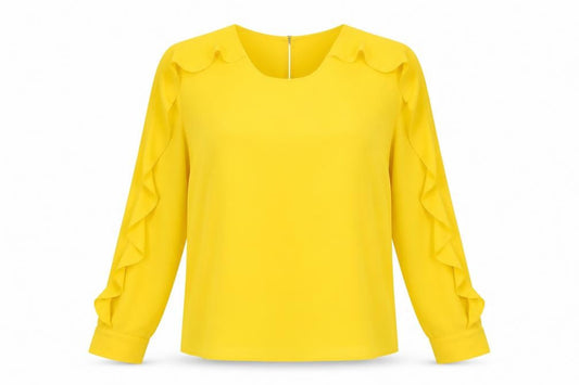 Marks & Spencer Womens Yellow Polyester Basic Blouse Size 12 Round Neck - Ruffles, Sheer