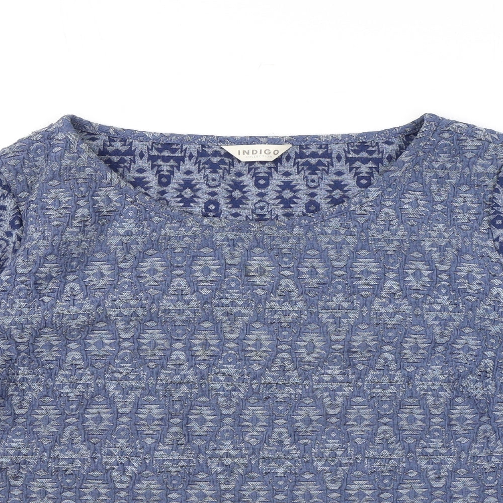 Indigo Womens Blue Geometric Polyester Basic T-Shirt Size 12 Round Neck