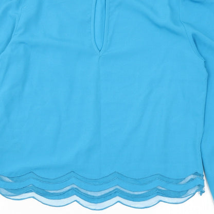 Brand and care label for Miss Selfridge women’s blue polyester basic blouse, size UK 8, round neck - scallop edge