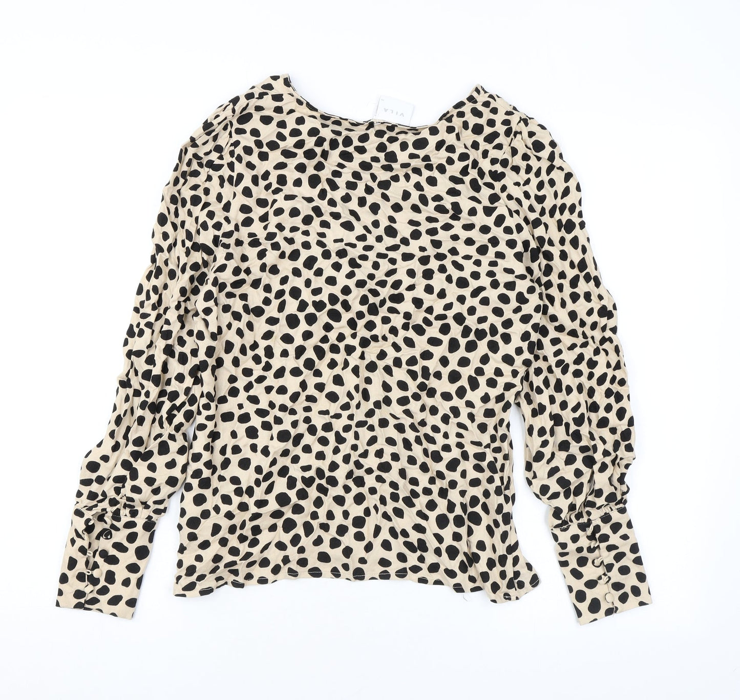 VILA Womens Beige Animal Print Viscose Basic Blouse Size 8 Round Neck