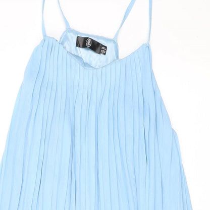 Close-up detail of Missguided women’s blue polyester camisole tank, size UK 10, v-neck - pleated