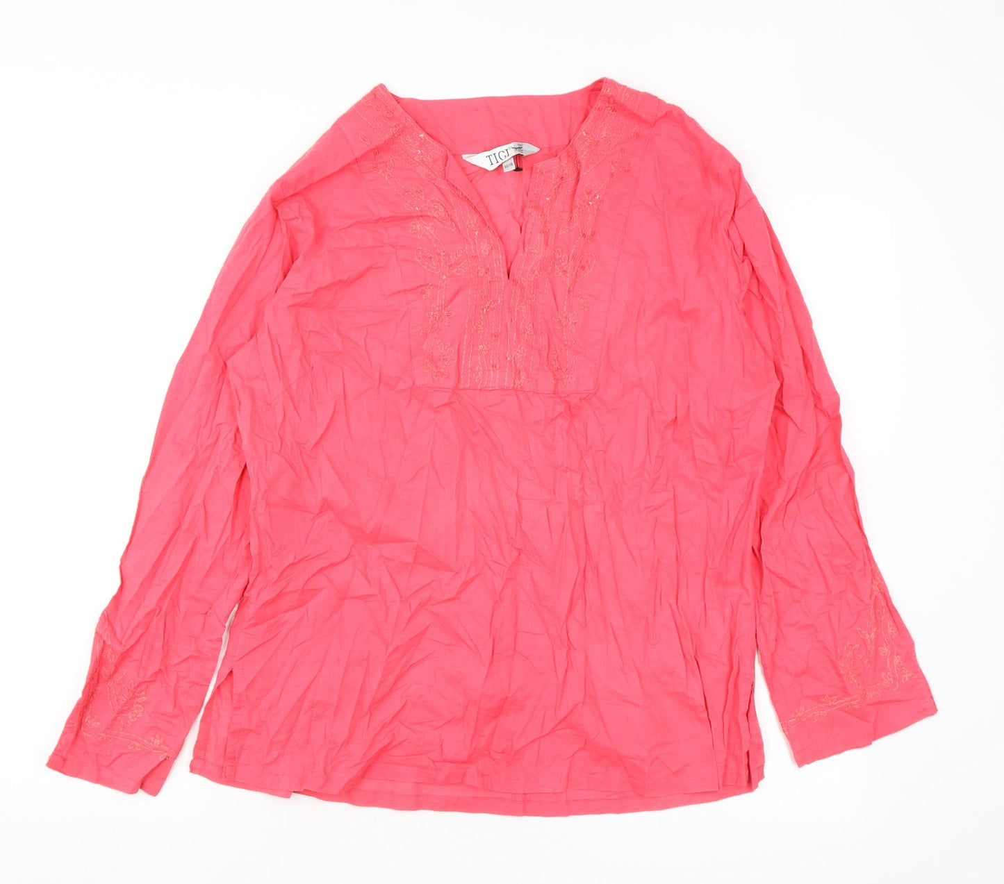 TIGI Womens Pink Geometric Cotton Basic Blouse Size 14 V-Neck