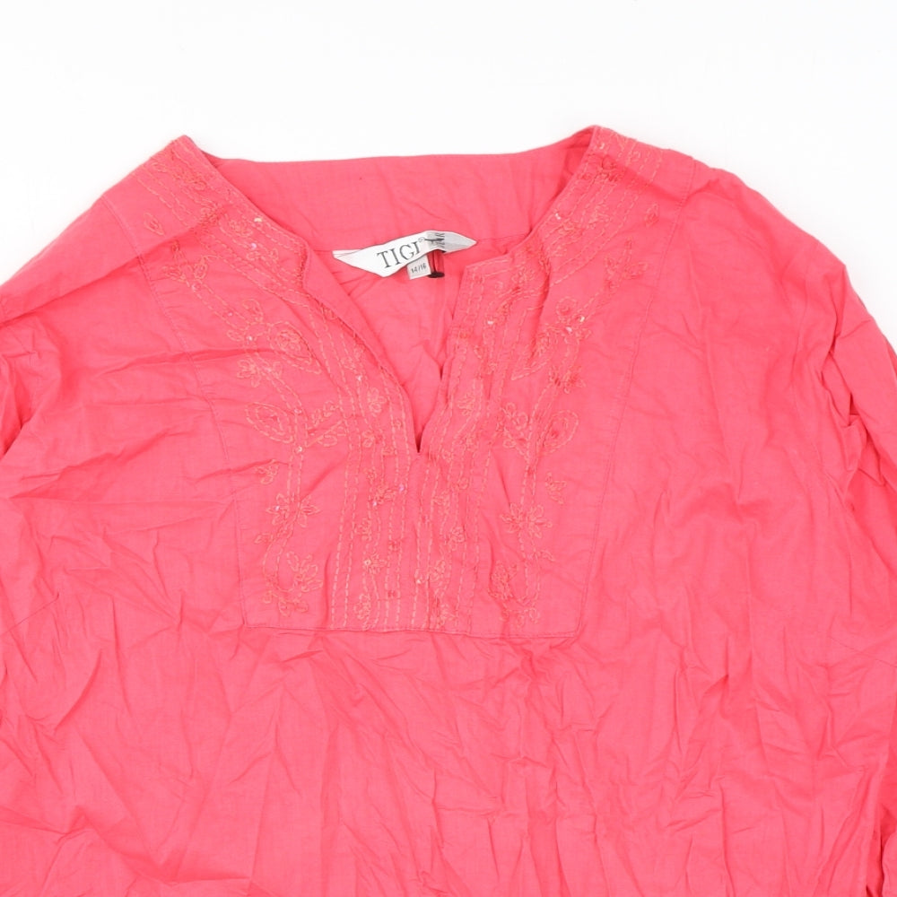 TIGI Womens Pink Geometric Cotton Basic Blouse Size 14 V-Neck