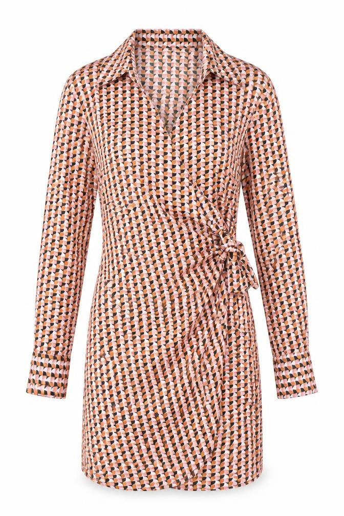 H&M Womens Orange Geometric Polyester Wrap Dress Size XS Collared Tie