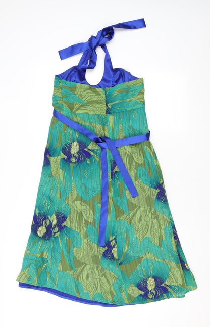 Back view of Principles women’s green geometric polyester a-line, size UK 8, halter zip