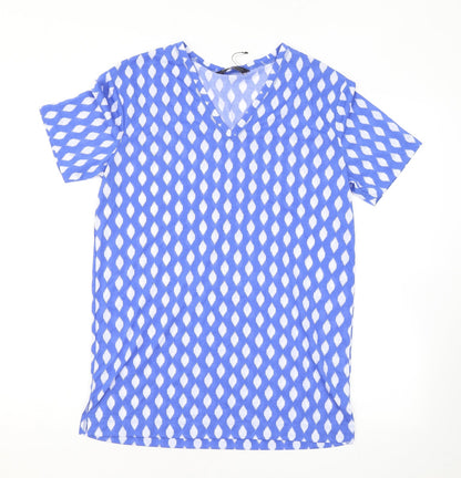 Marks & Spencer Womens Blue Geometric Polyester Basic T-Shirt Size 8 V-Neck