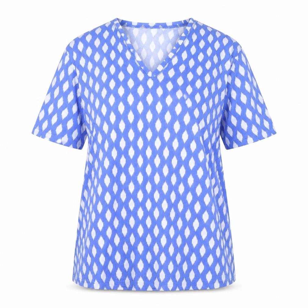 Marks & Spencer Womens Blue Geometric Polyester Basic T-Shirt Size 8 V-Neck
